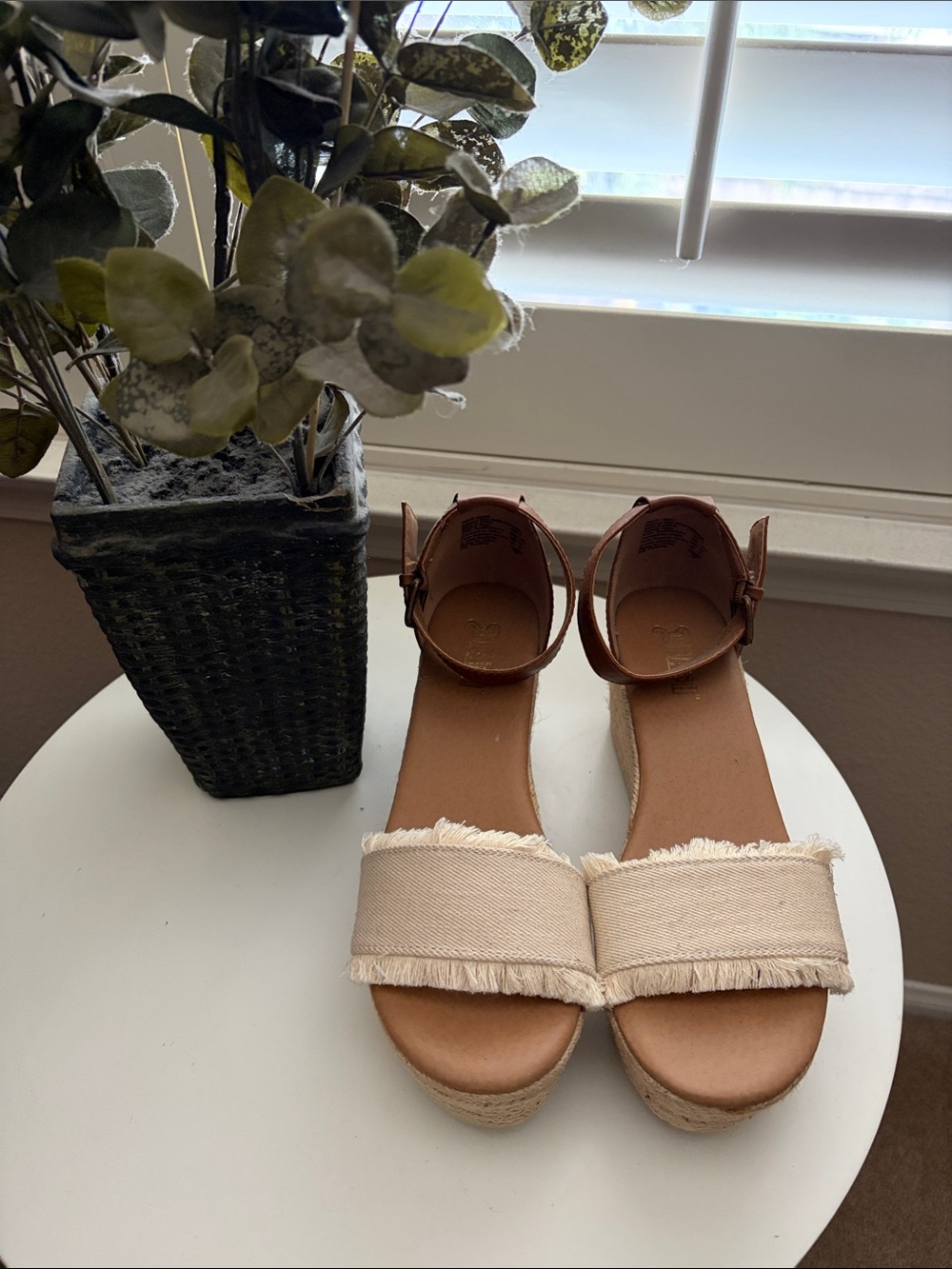 Brash Neutral Tan and Cream Espadrille Platform Sandals with Ankle Strap
